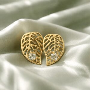 Gold Filigree Leaf Crystal Stud Earrings