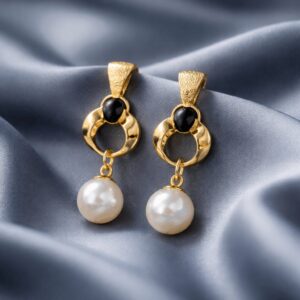 Gold Onyx Pearl Drop Earrings