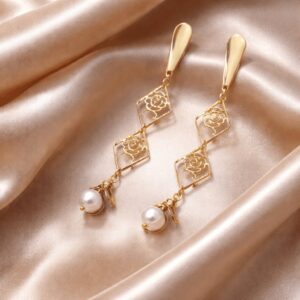 Gold Rose Square Charm Pearl Drop Earrings